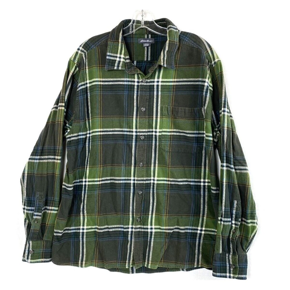 Eddie Bauer Flannel Shirt Men's Size XXL Green Plaid Classic Fit Button Down
